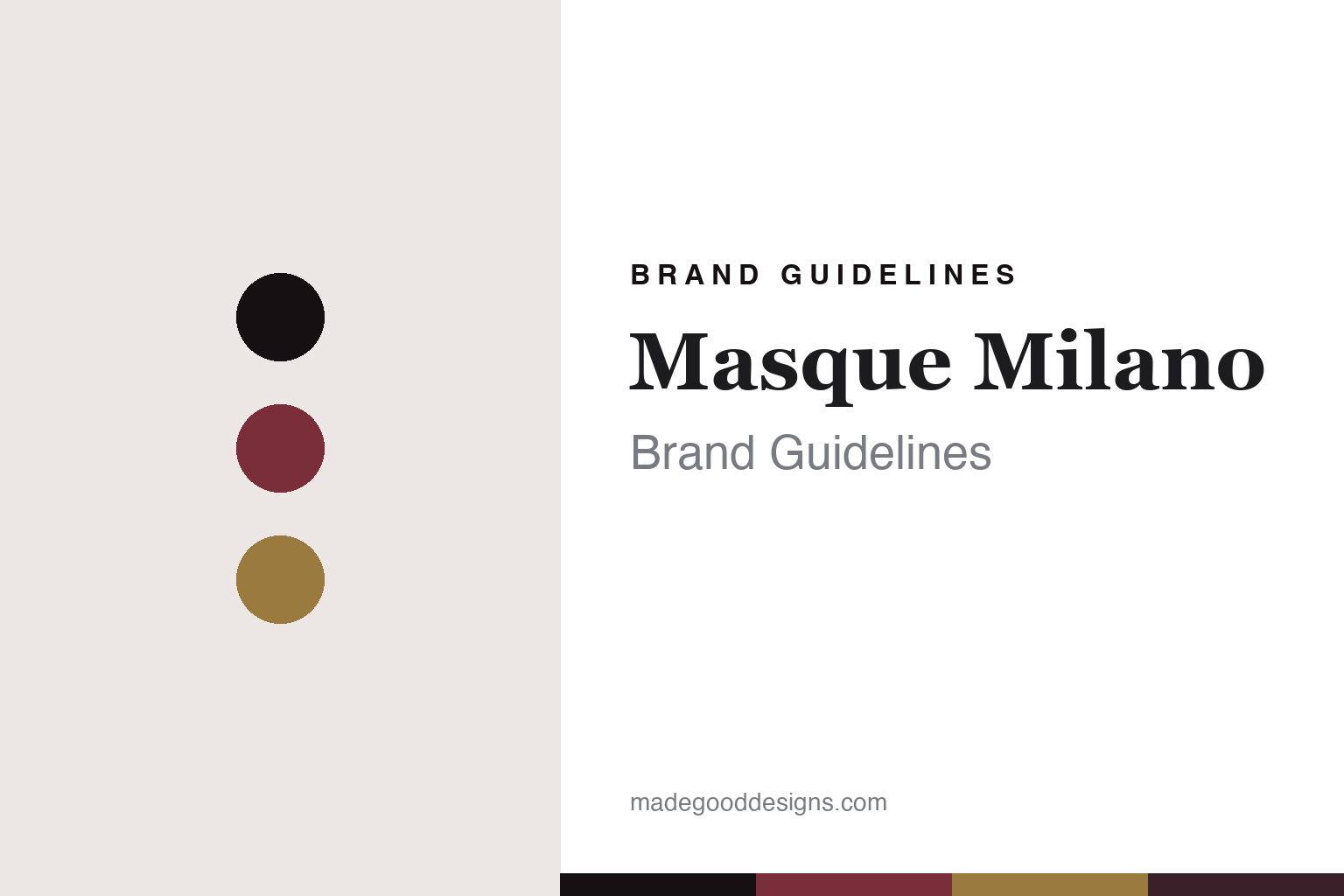 Abstract homage cover for Masque Milano brand guidelines — colour discs and swatches, not a Masque Milano asset