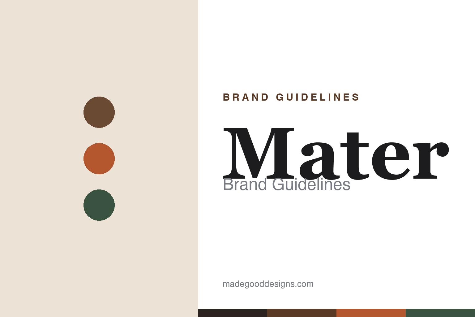 mater brand guidelines — abstract homage cover (palette discs and colour band); not an official mater asset