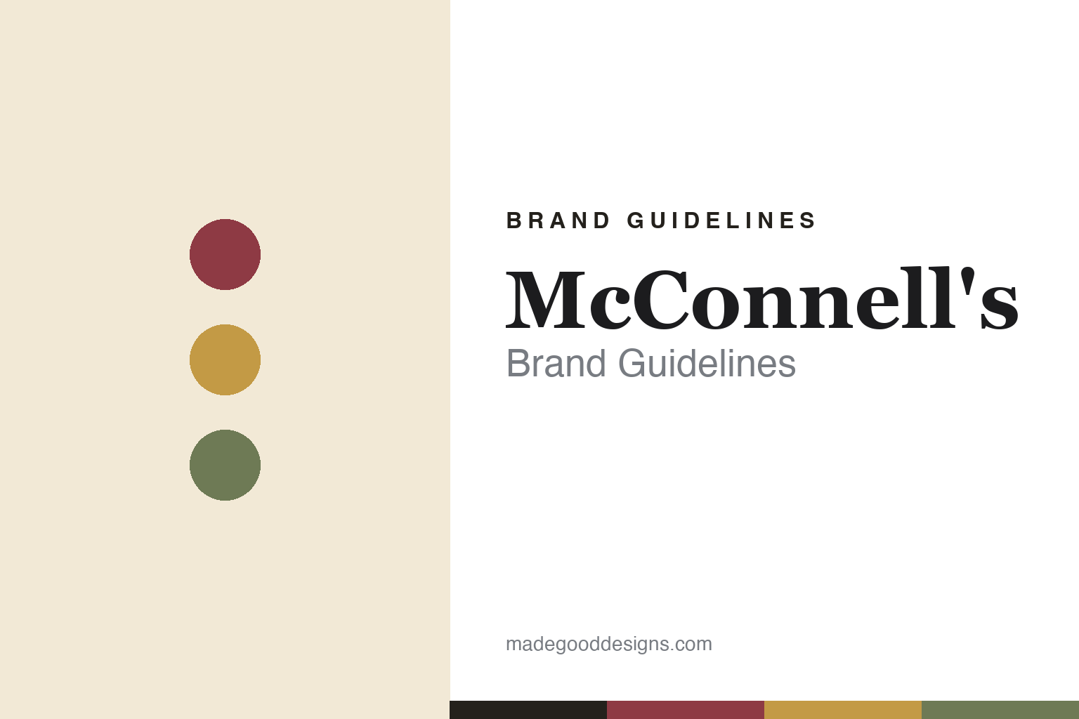 Abstract homage to McConnell's Fine Ice Creams: heritage marionberry, gold and sage discs and swatches (not a McConnell's logo)