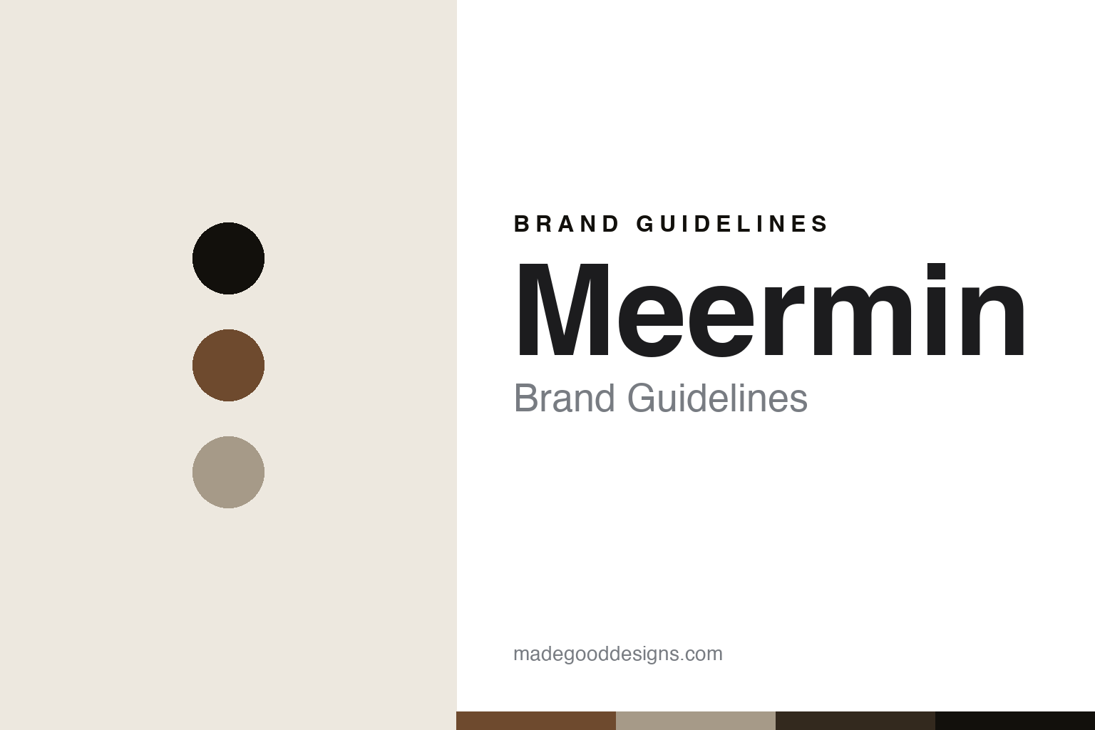 Abstract brand-guidelines cover for Meermin — value-chestnut colour discs and leather-texture swatches (original homage; not a Meermin shoe, last or logo).