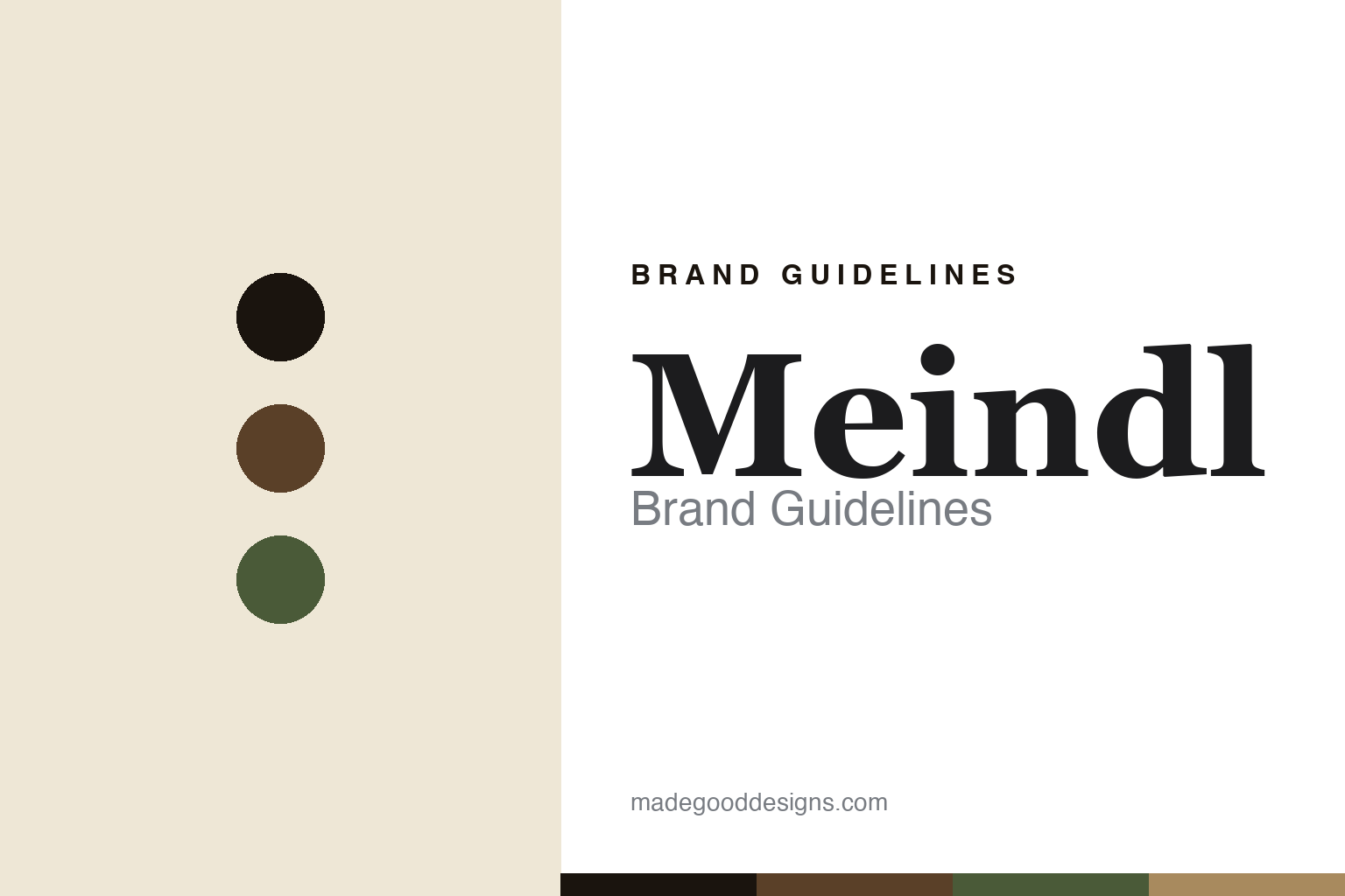 Meindl brand guidelines — abstract colour-disc homage cover (leather brown and loden)