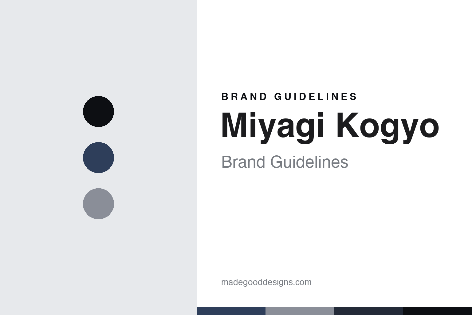 Abstract brand-guidelines cover for Miyagi Kogyo — indigo colour discs and leather-texture swatches (original homage; not a Miyagi Kogyo shoe, last or logo).