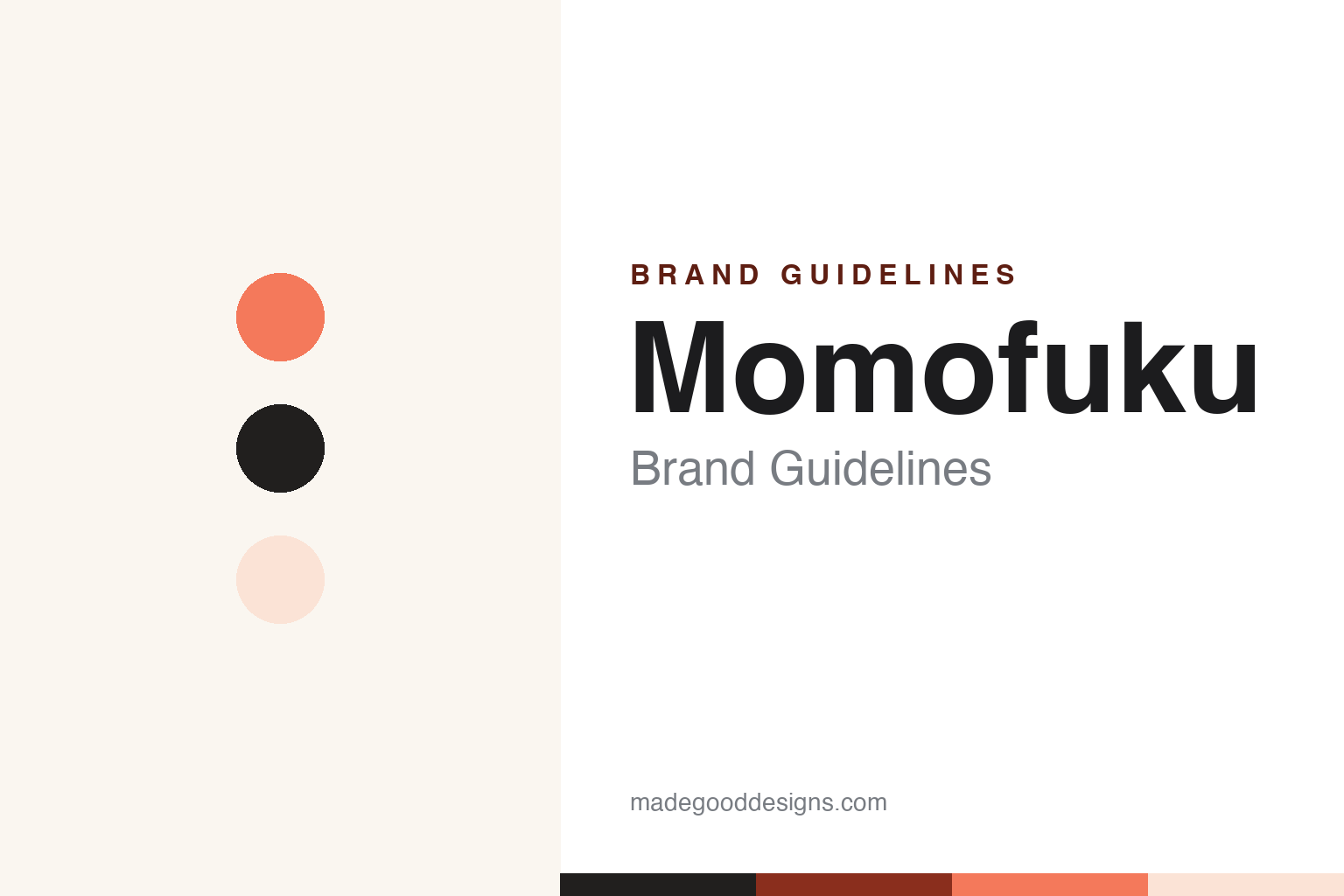 Abstract homage to Momofuku: peach-coral pantry colour discs and swatches (not a Momofuku logo)