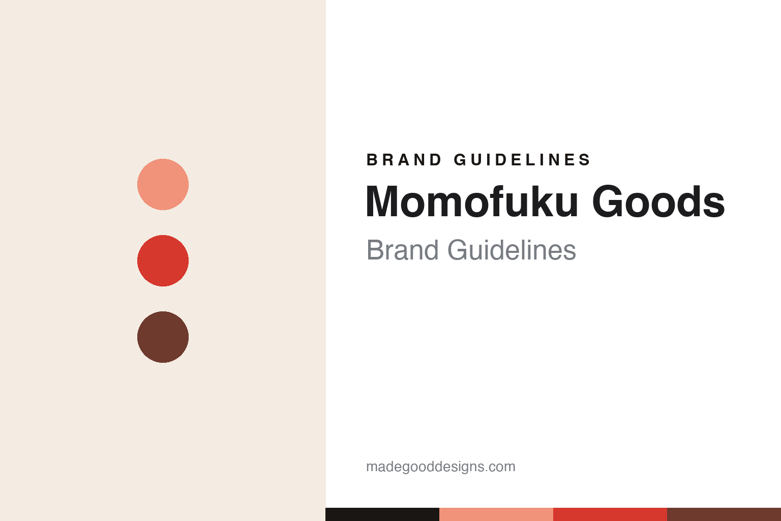 Momofuku Goods brand guidelines cover — peach, chili-red and deep-brown discs (abstract homage)