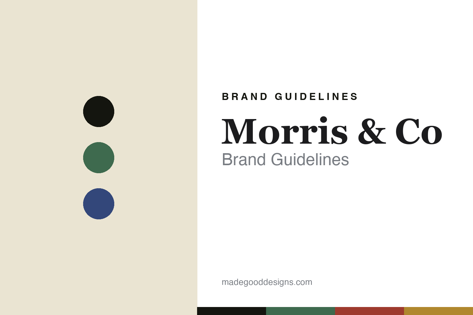 Morris & Co brand guidelines cover — green-and-madder palette with abstract colour-disc homage (not the Morris & Co patterns)