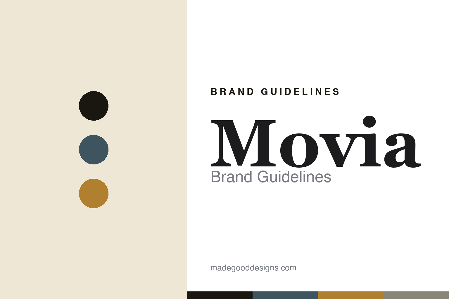 Movia brand guidelines — abstract colour-disc homage cover in slate blue and amber
