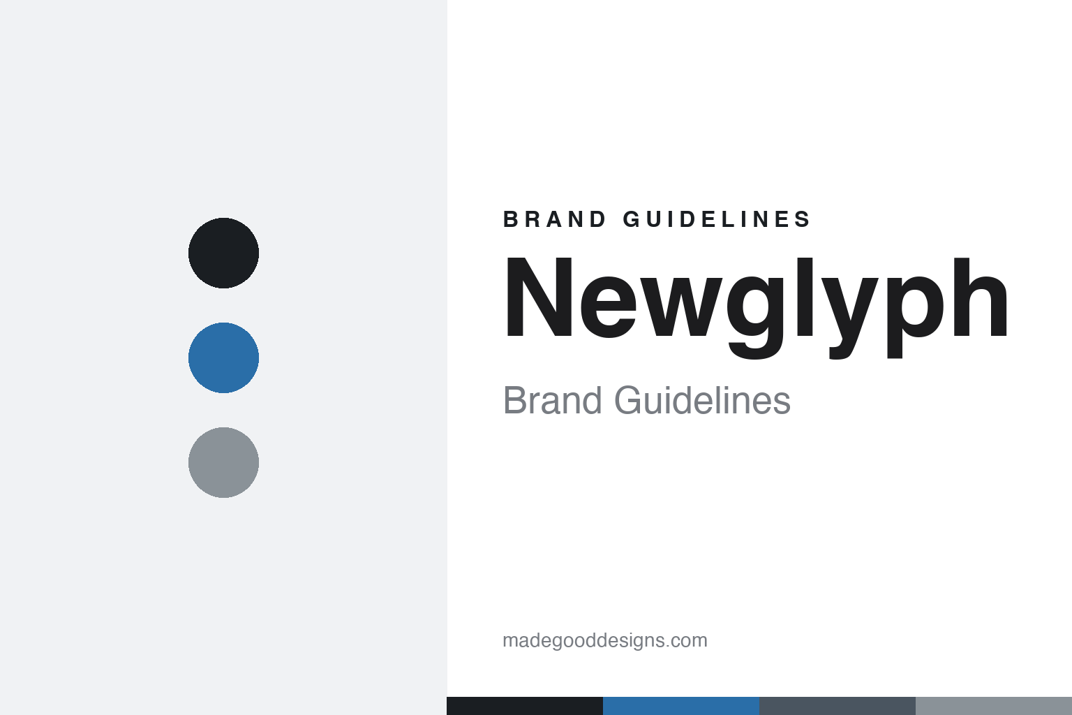 Newglyph brand guidelines cover — ink, cool-blue and steel discs (abstract homage)