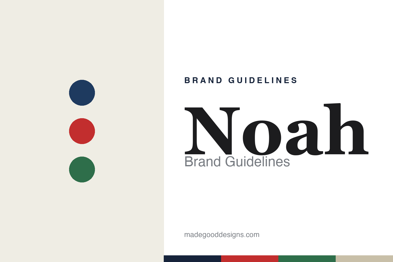 Noah brand guidelines cover — abstract collegiate-prep colour discs (navy, red, forest green), not the Noah logo