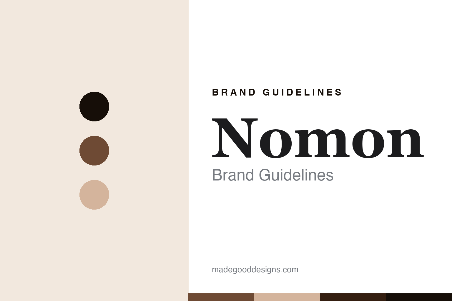 Abstract brand guidelines cover for Nomon, walnut colour discs with a hand and walnut texture, an original homage with no clock face or logo.
