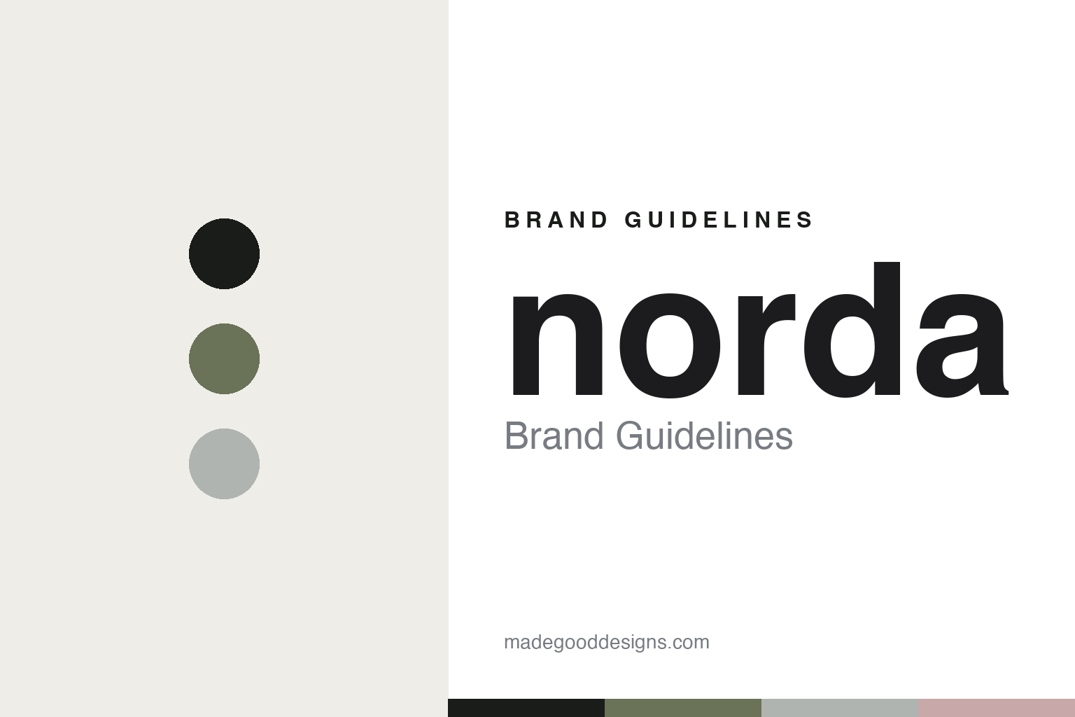 norda brand guidelines cover — abstract mineral colour discs (obsidian, mineral moss, glacier grey), not the norda logo