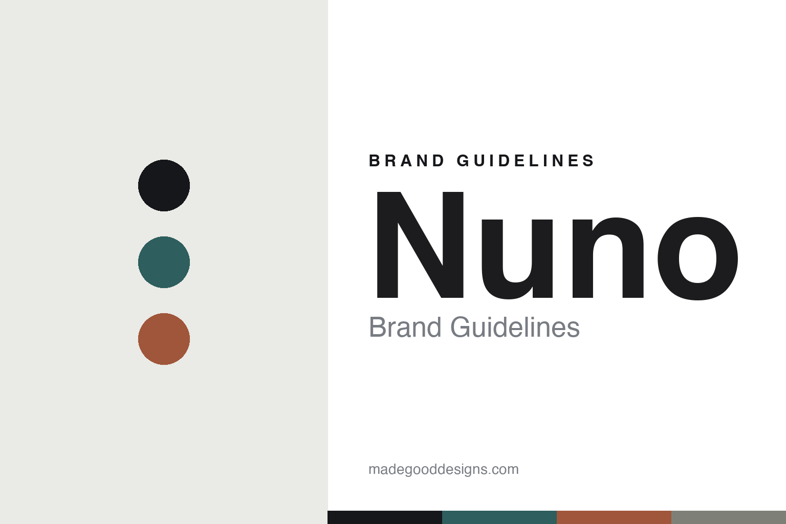 Nuno brand guidelines cover — textural-neutral palette with abstract colour-disc homage (not the Nuno textiles)