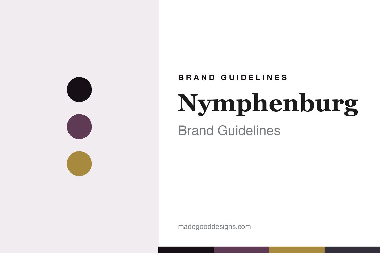 Abstract brand-guideline cover for Nymphenburg — aubergine, ink and gold colour discs with a palette band (unofficial homage; no logo or figure reproduced).