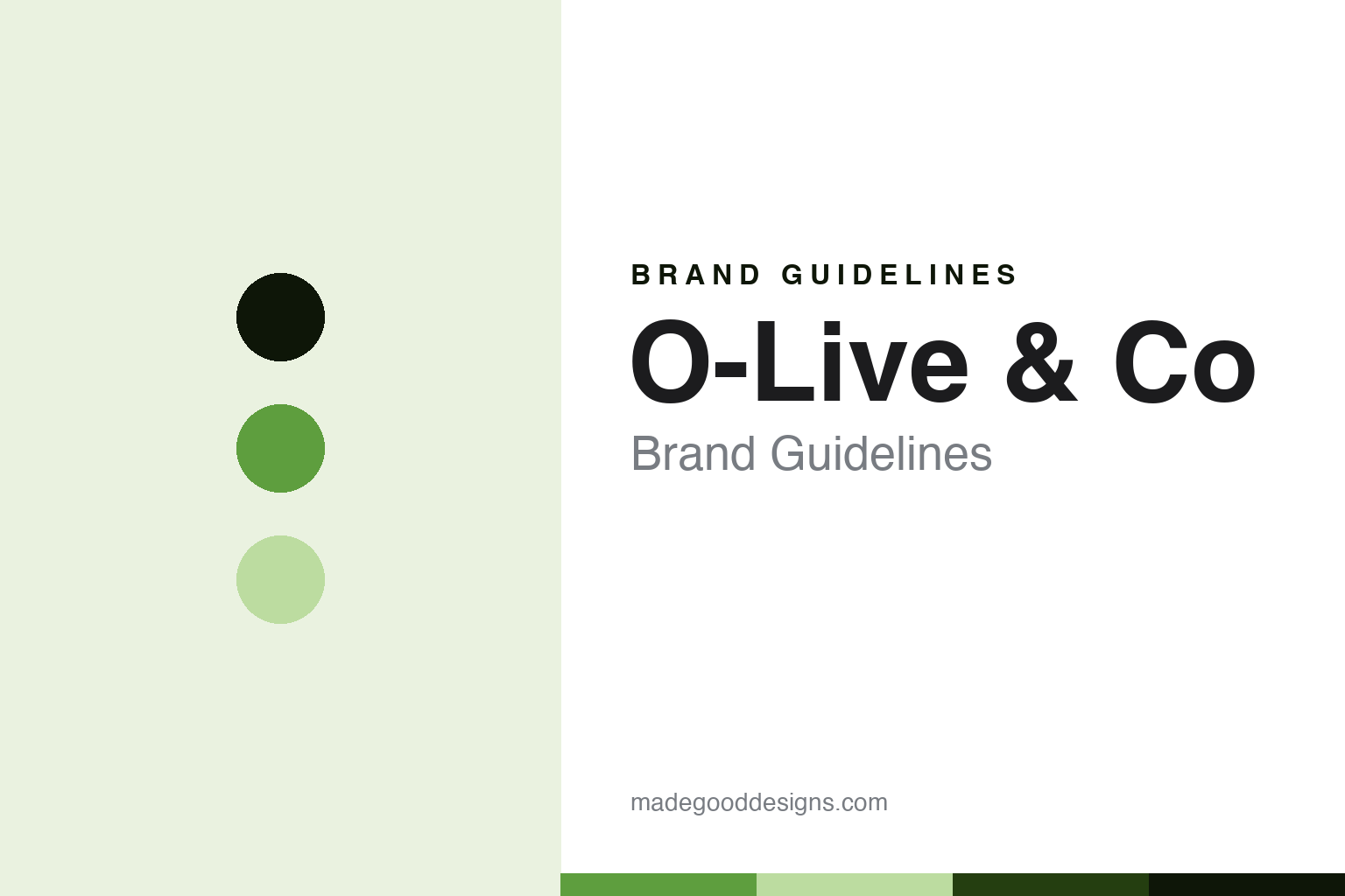 O-Live and Co brand guidelines — abstract homage cover in Colchagua green and pale green with a New-World-sans register