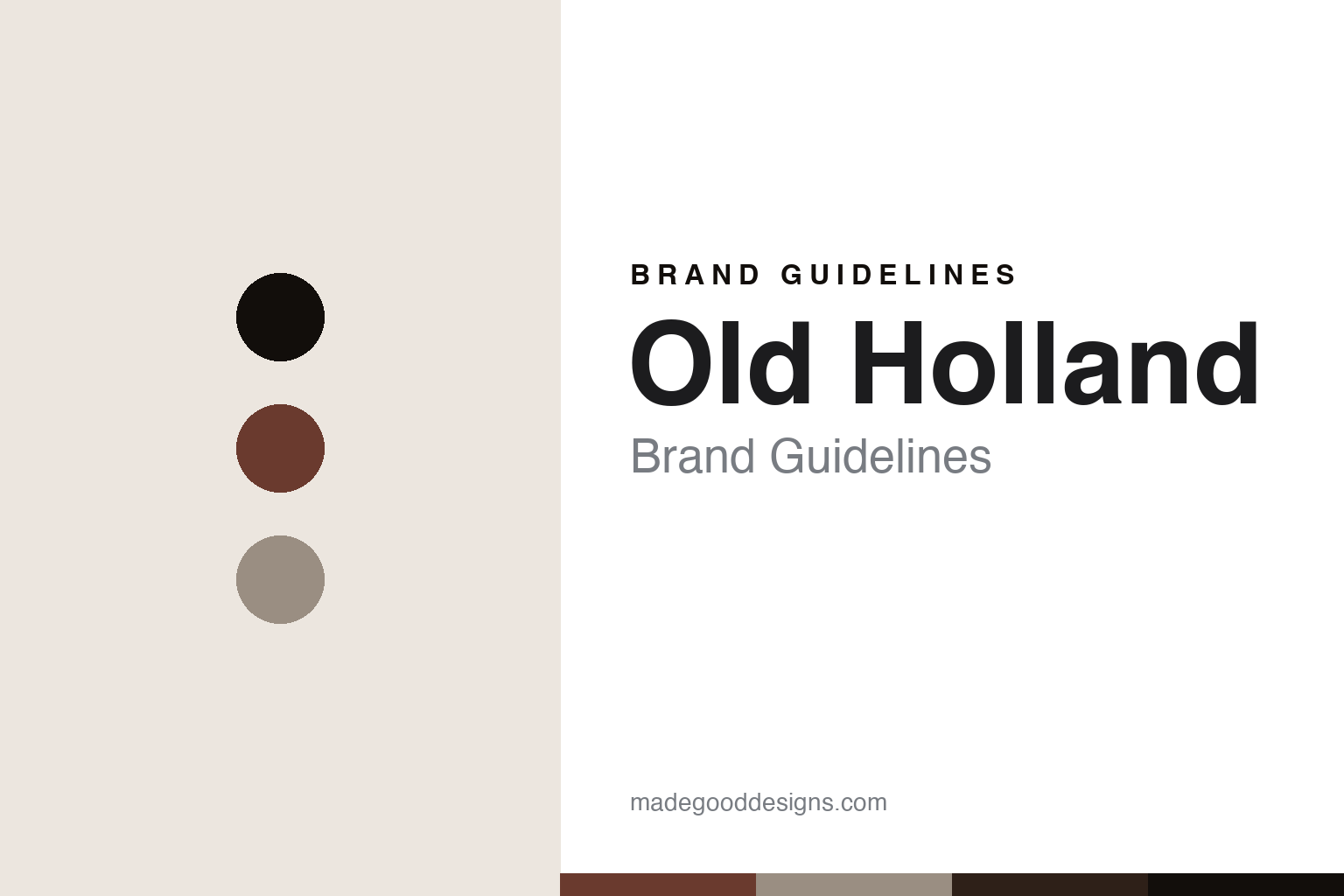Abstract brand-guidelines cover for Old Holland — madder-brown colour discs and pigment-texture swatches (original homage; not an Old Holland colour, label or logo).