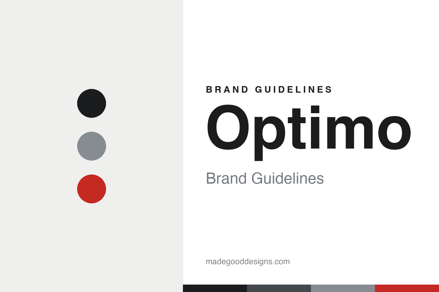 Optimo brand guidelines cover — ink, cool-grey and Swiss-red discs (abstract homage)
