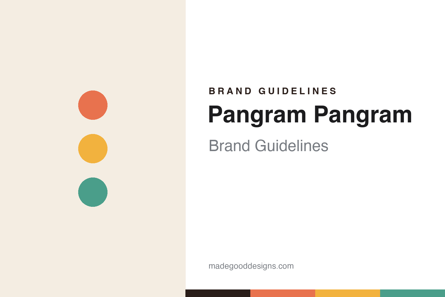 Pangram Pangram brand guidelines cover — coral, warm-yellow and teal discs (abstract homage)