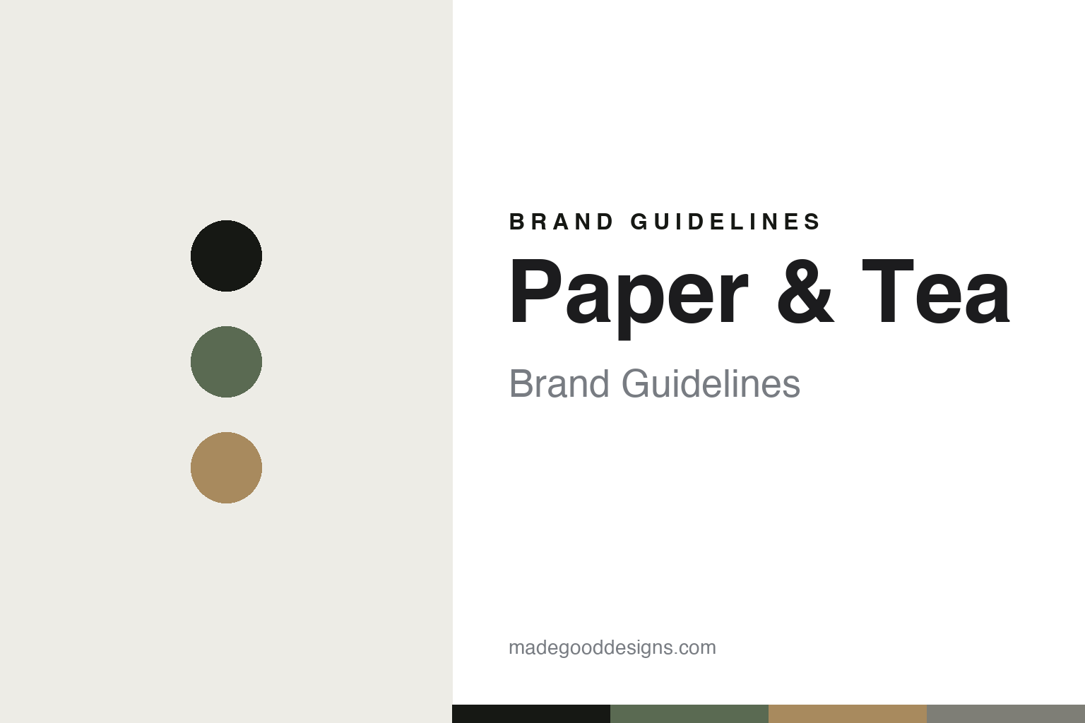 Paper and Tea brand guidelines — abstract colour-disc homage cover (sage and wood)