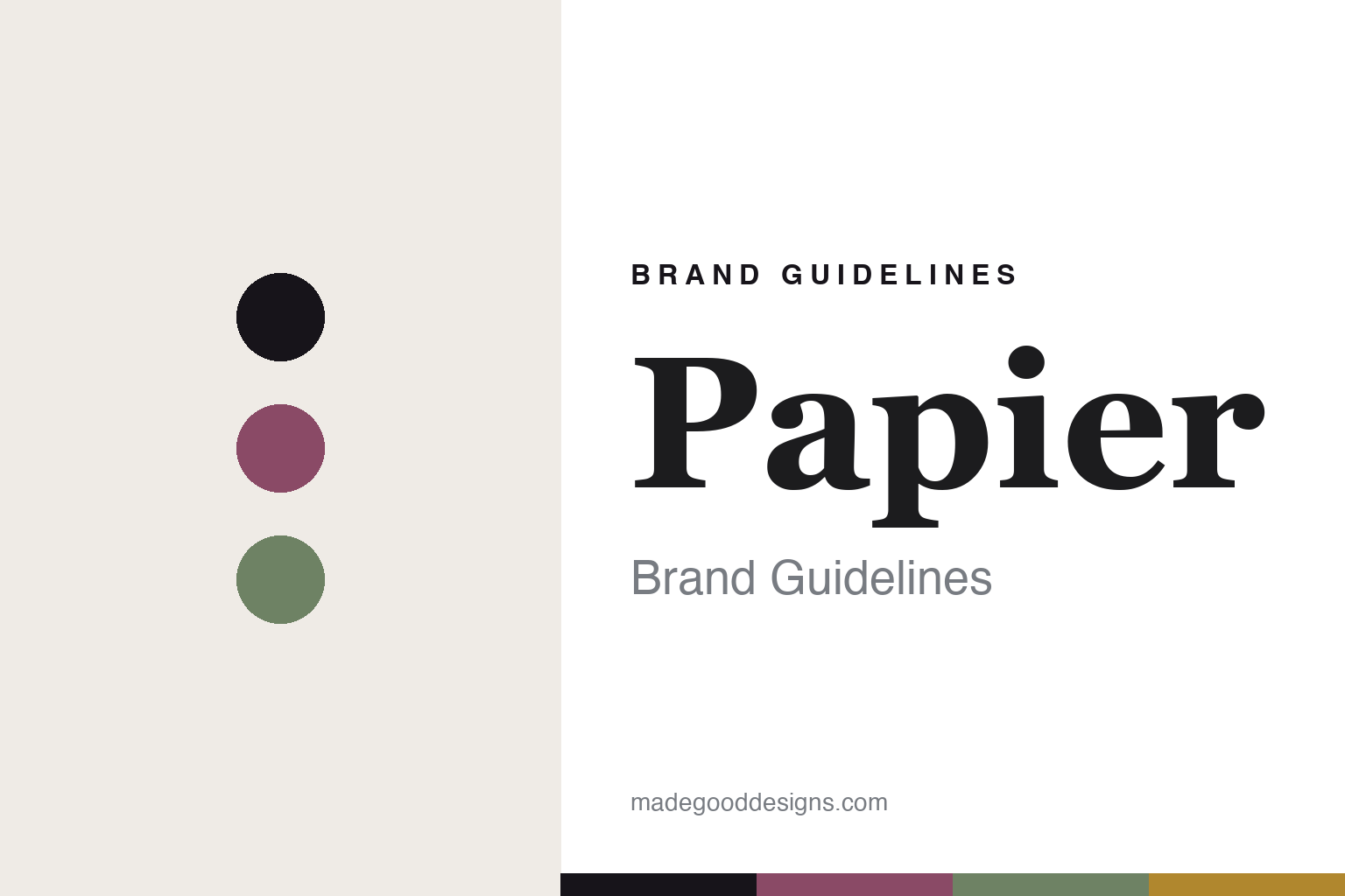 Papier brand guidelines cover — plum-and-sage palette with abstract colour-disc homage (not the Papier covers)