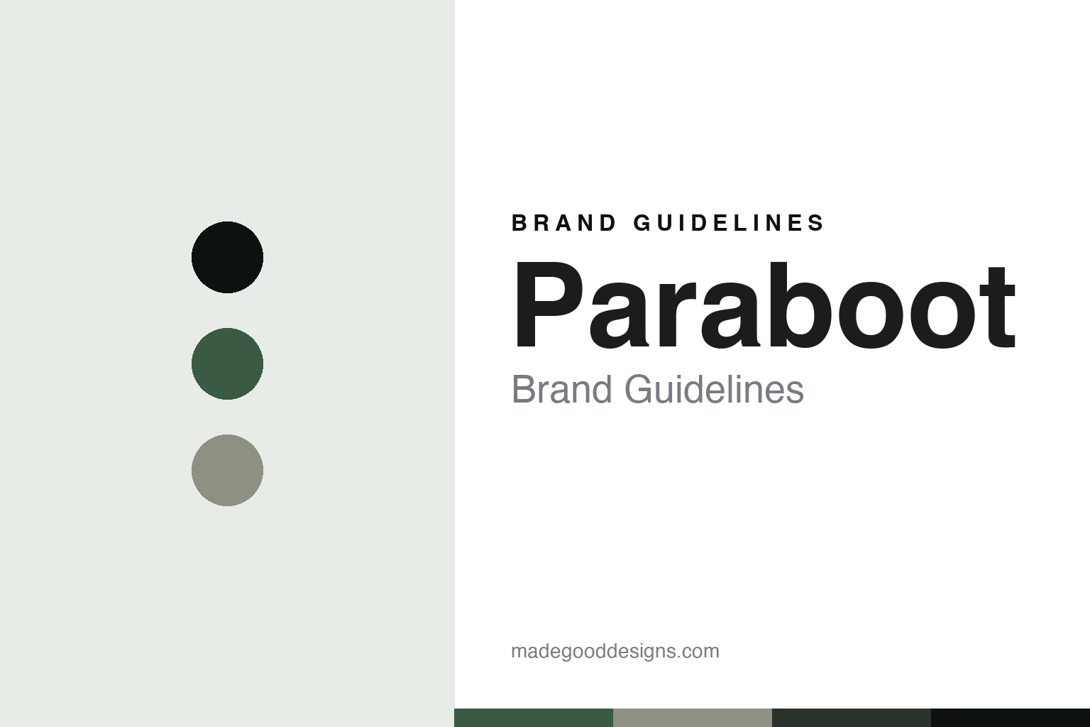 Abstract brand-guidelines cover for Paraboot — forest-green colour discs and leather-texture swatches (original homage; not a Paraboot shoe, last or logo).