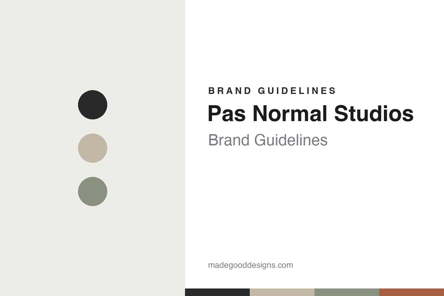 Pas Normal Studios brand guidelines cover — abstract muted Scandi colour discs (charcoal, sand, sage), not the Pas Normal Studios logo