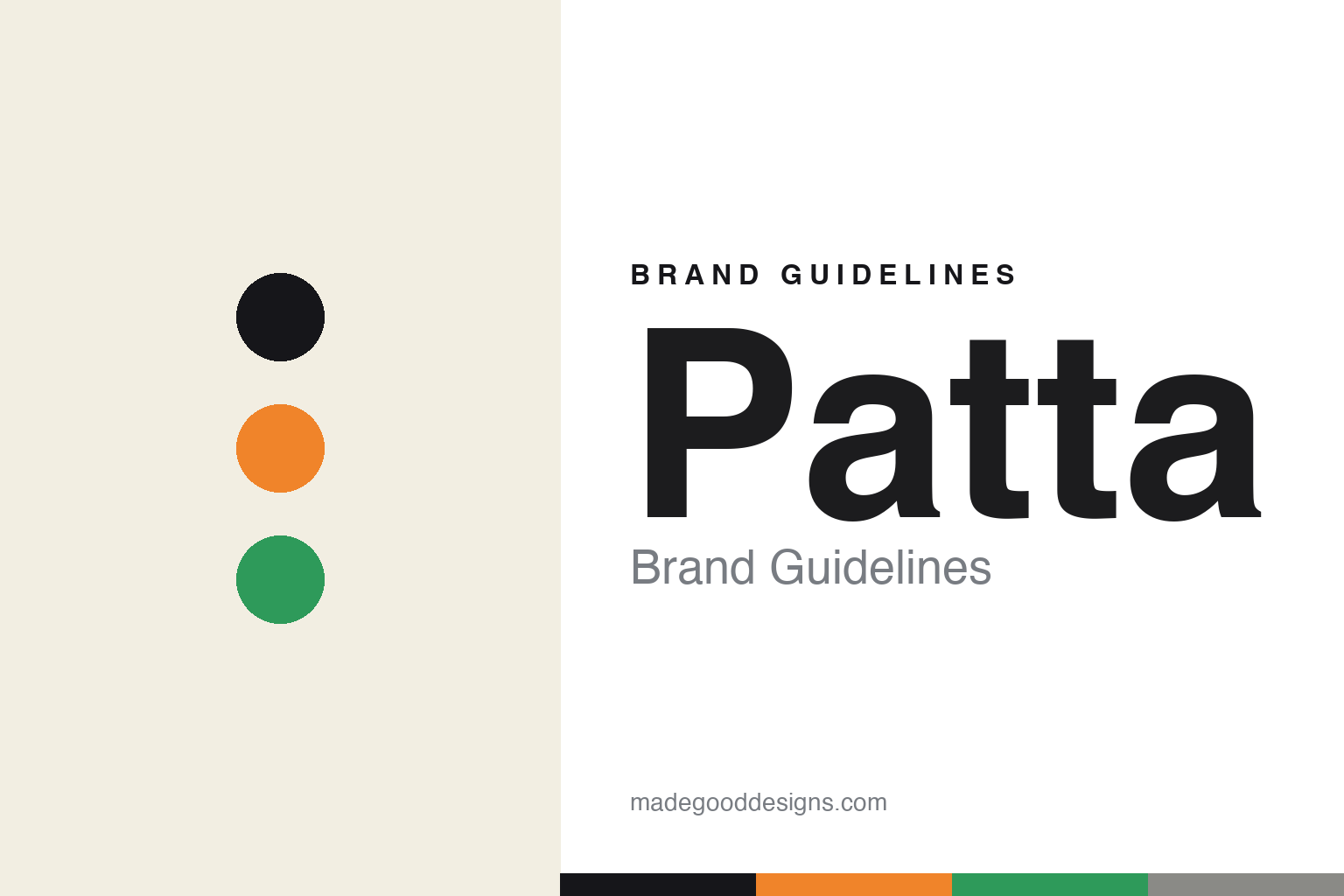 Patta brand guidelines cover — ink, orange and green discs (abstract homage)