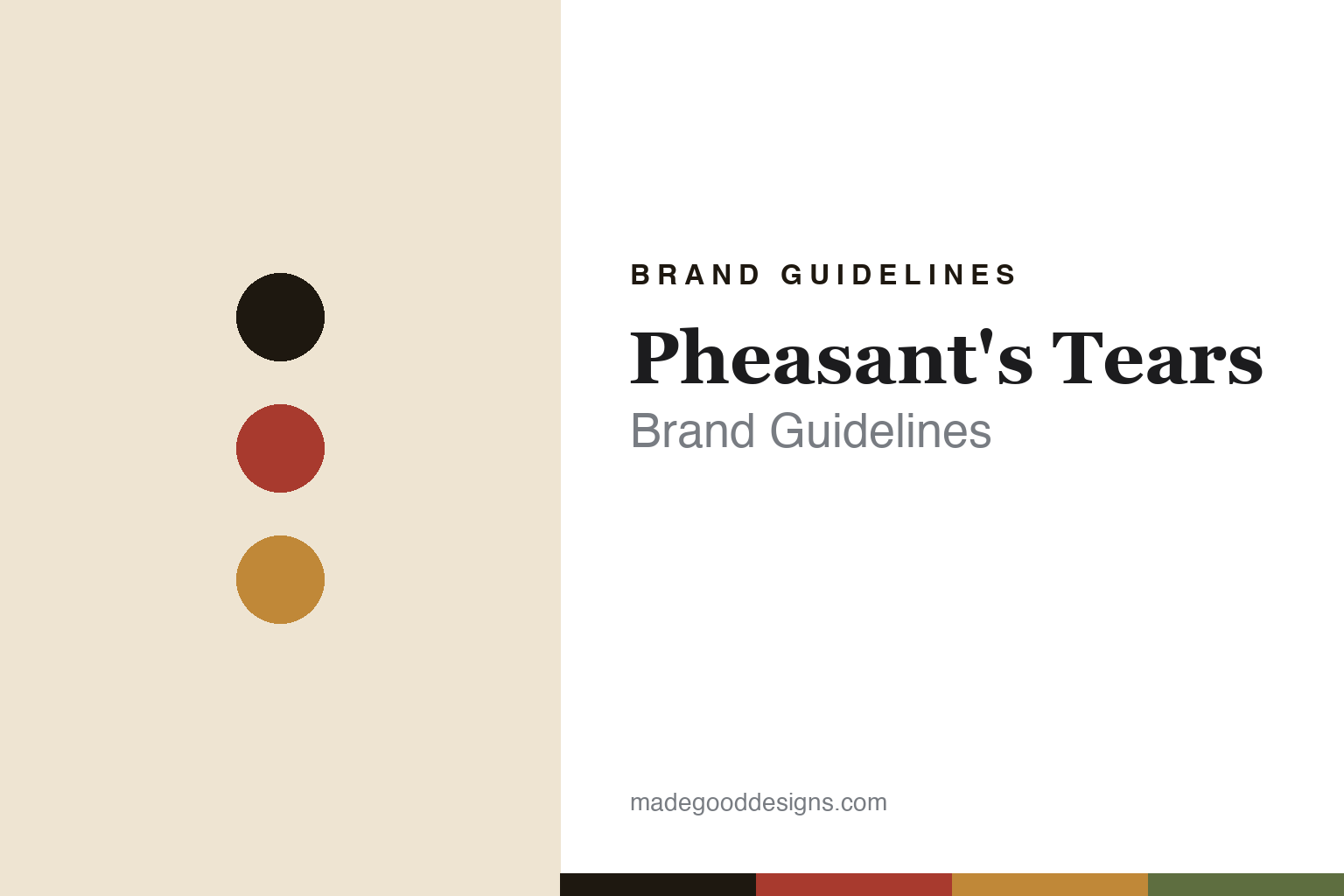 Pheasants Tears brand guidelines — abstract colour-disc homage cover in folk red and amber