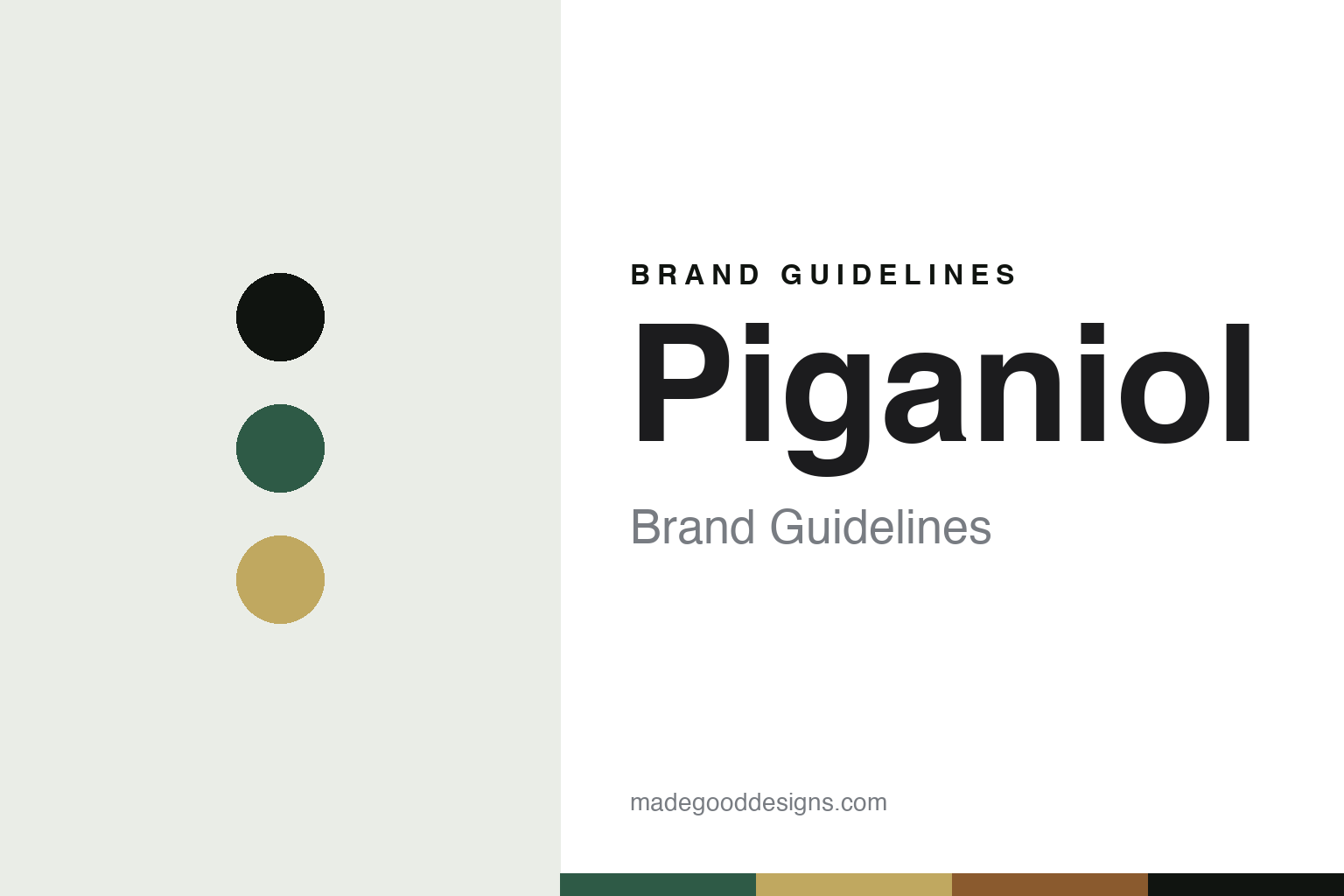 Piganiol brand guidelines cover — abstract colour discs and canopy-texture homage, not an umbrella, canopy print or wordmark