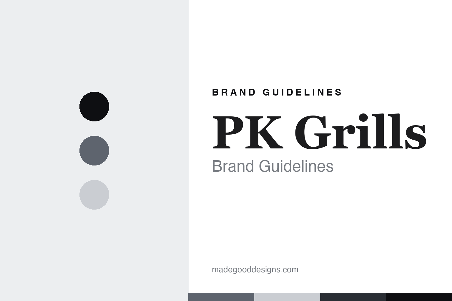 Abstract brand guidelines cover for PK Grills, gunmetal colour discs with a cast metal and ember texture, an original homage with no grill or logo.