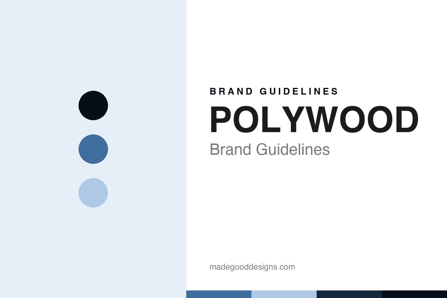 Abstract brand guidelines cover for POLYWOOD, coastal blue colour discs with a recycled lumber texture, an original homage with no furniture or logo.