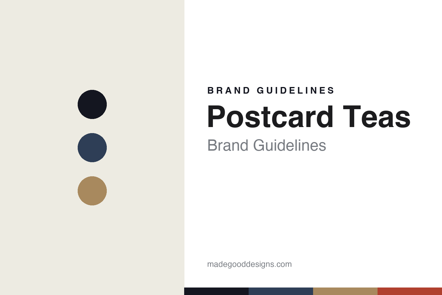 Postcard Teas brand guidelines — abstract colour-disc homage cover (postal navy and kraft)