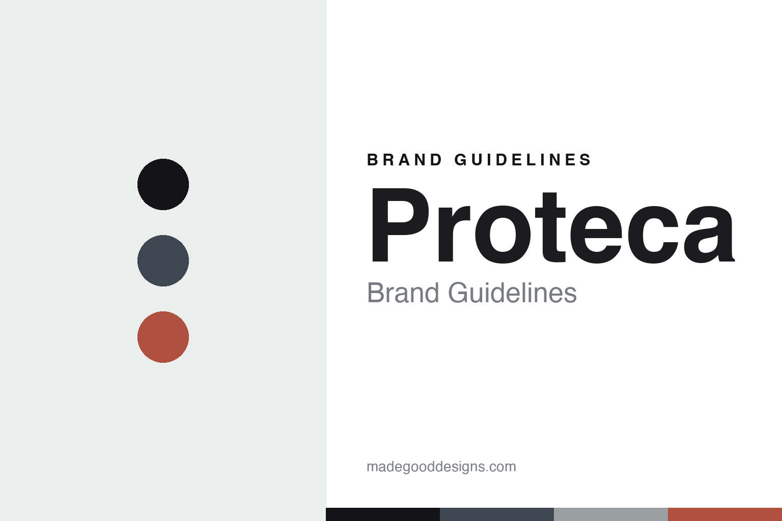 Proteca brand guidelines — abstract slate-and-silver colour-disc homage cover; no logo reproduced.