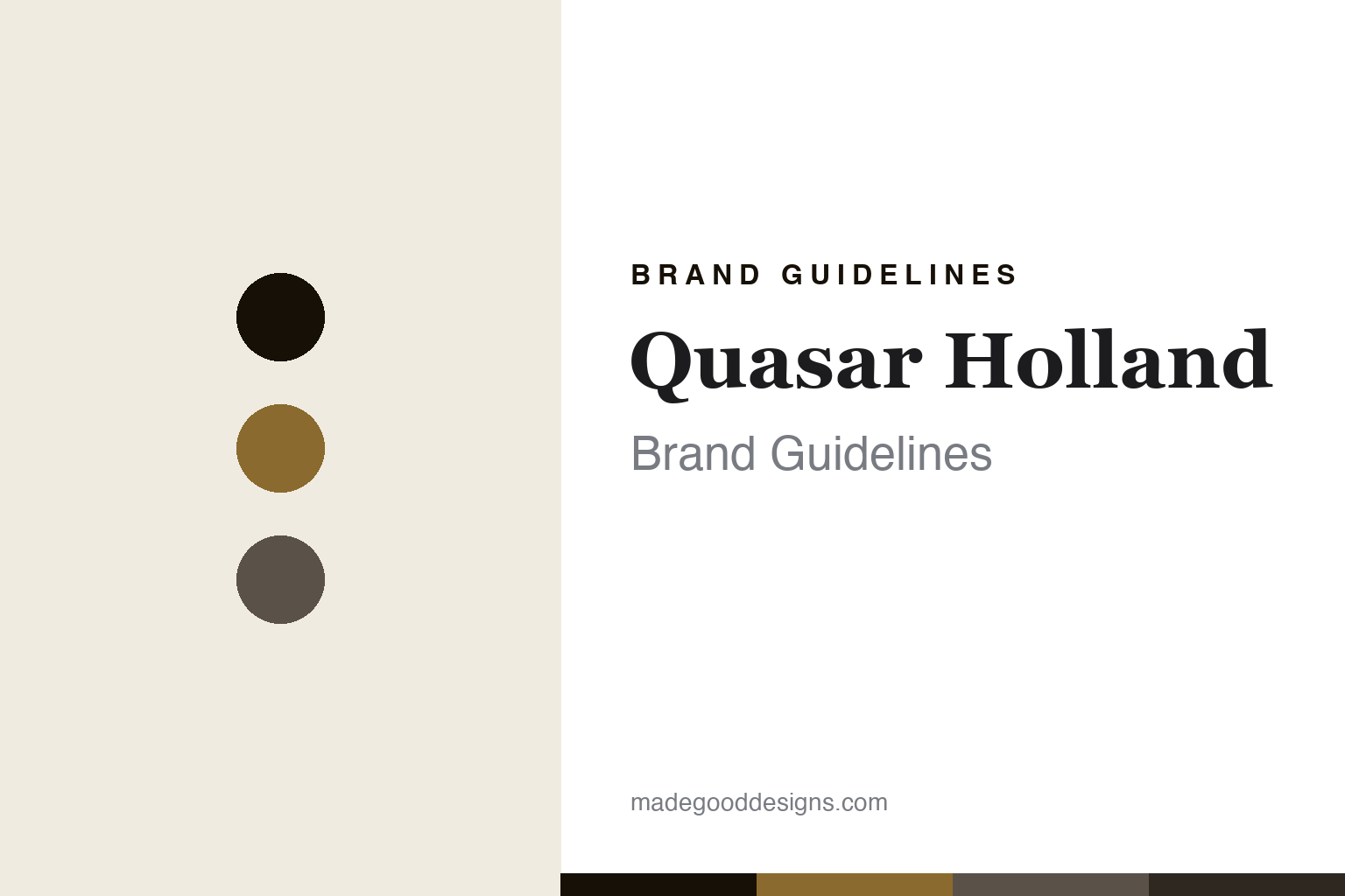 Abstract homage cover for Quasar Holland: ink, bronze and pewter colour discs on cream with a luxe-serif wordmark stand-in; no fixture or logo reproduced.