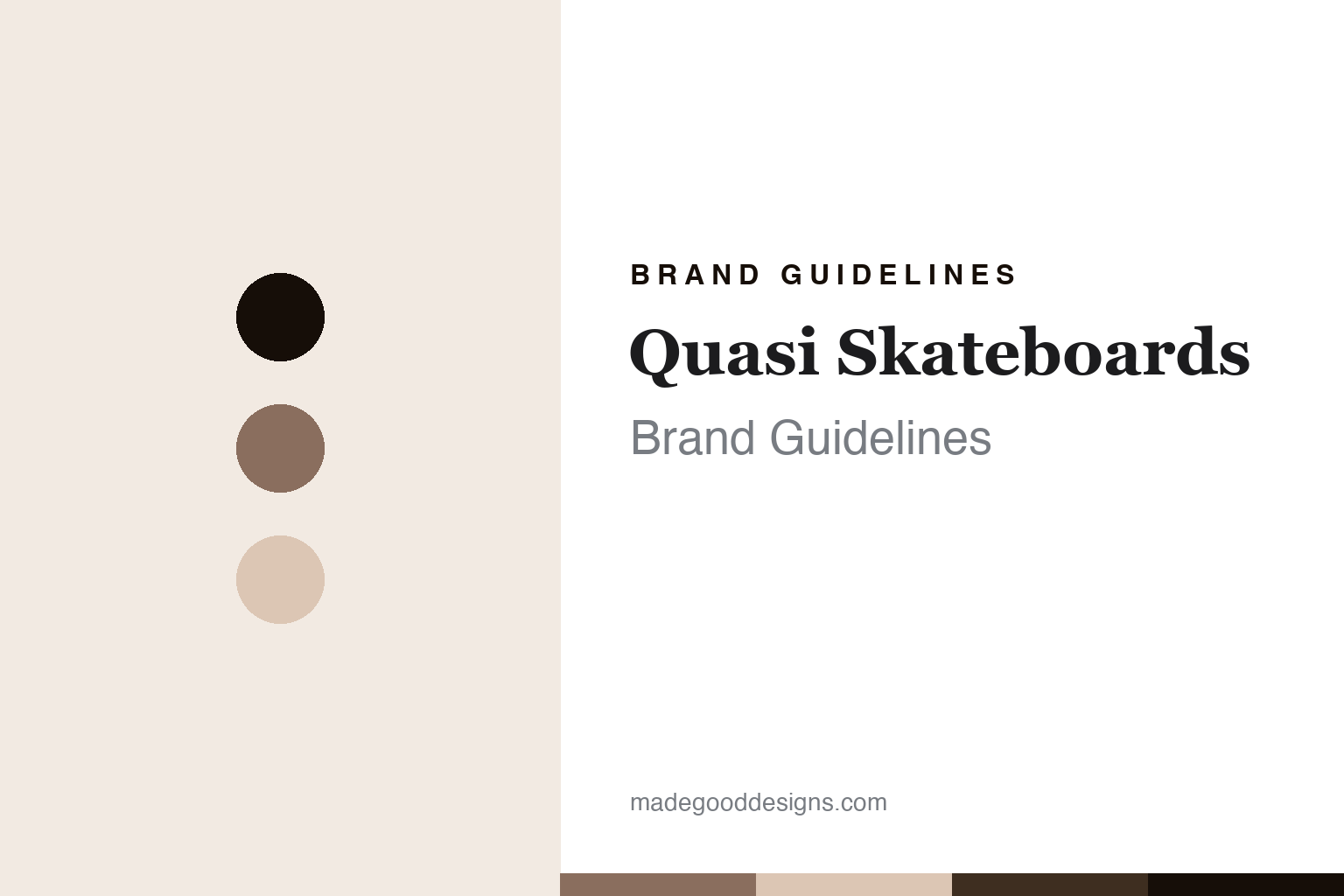 Quasi Skateboards brand guidelines cover - abstract taupe colour discs on maple veneer texture, unofficial homage