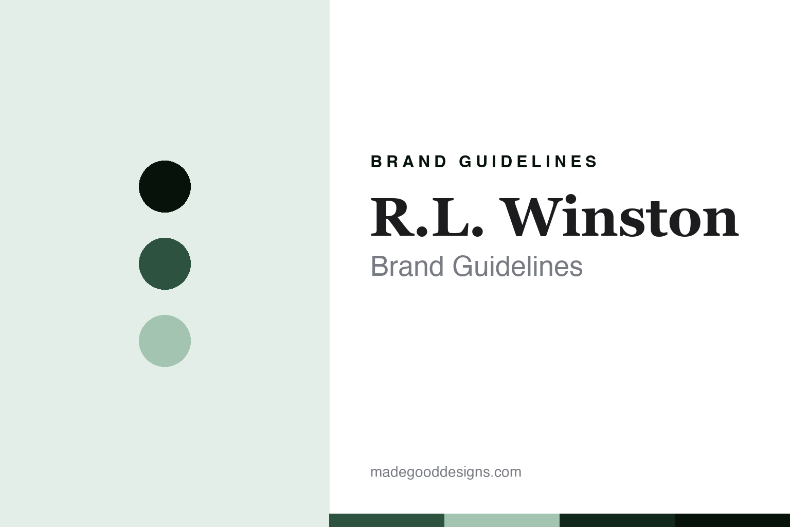 R.L. Winston brand guidelines — abstract river-green palette and heritage-serif cover homage (not affiliated)