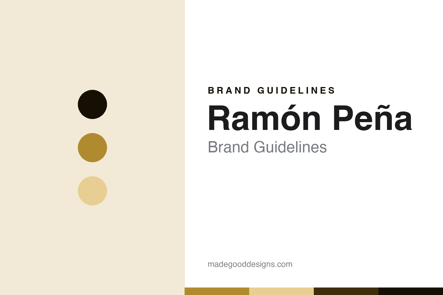 Ramon Pena brand guidelines — abstract tin-gold colour discs homage (not a Ramon Pena product or logo)