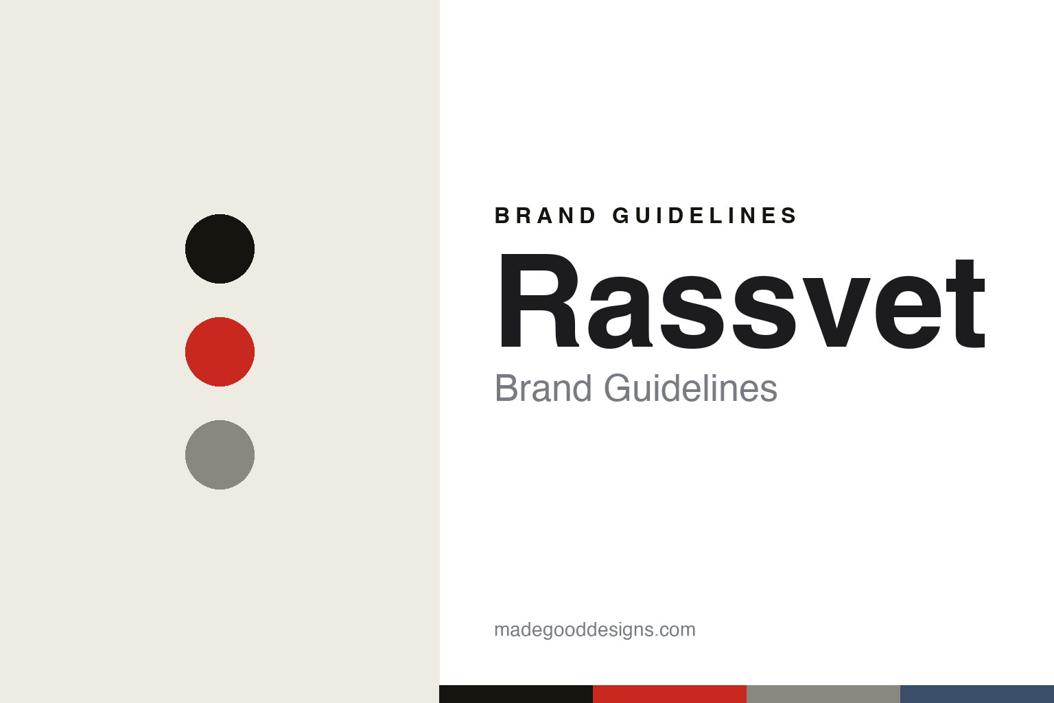 Rassvet brand guidelines cover — abstract post-Soviet colour discs (ink, Soviet red, concrete), not the Rassvet PACCBET logo