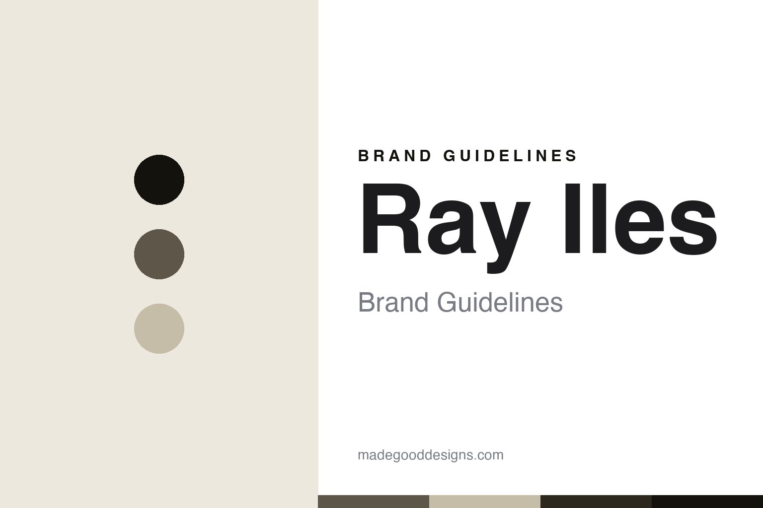 Ray Iles brand guidelines cover — abstract steel-taupe and oak colour discs and D2-steel/oak texture (homage; not a Ray Iles chisel or mark)
