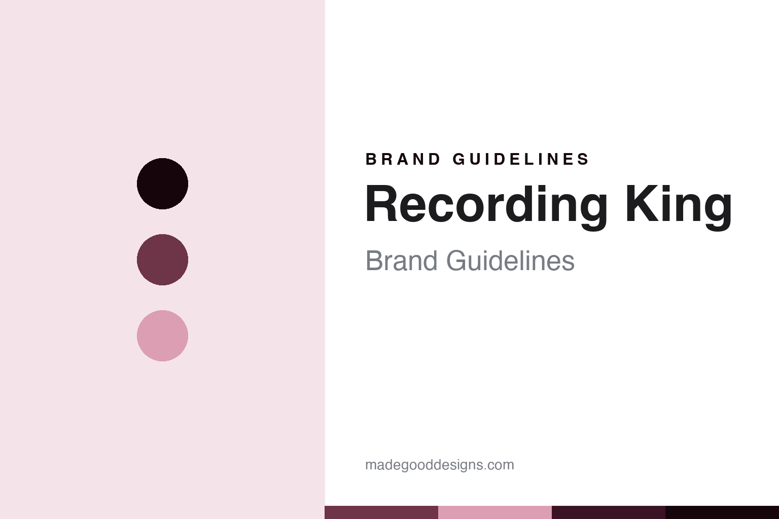 Recording King brand guidelines cover, abstract colour discs and wood-grain texture in catalog plum