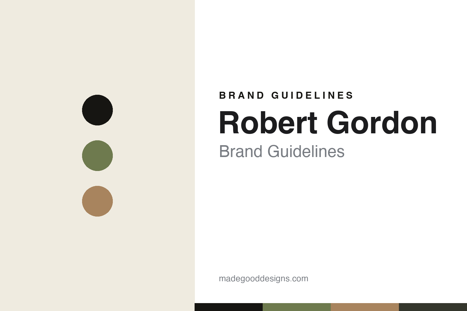 Abstract brand-guideline cover for Robert Gordon — olive, ink and clay colour discs with a palette band (unofficial homage; no logo or piece reproduced).