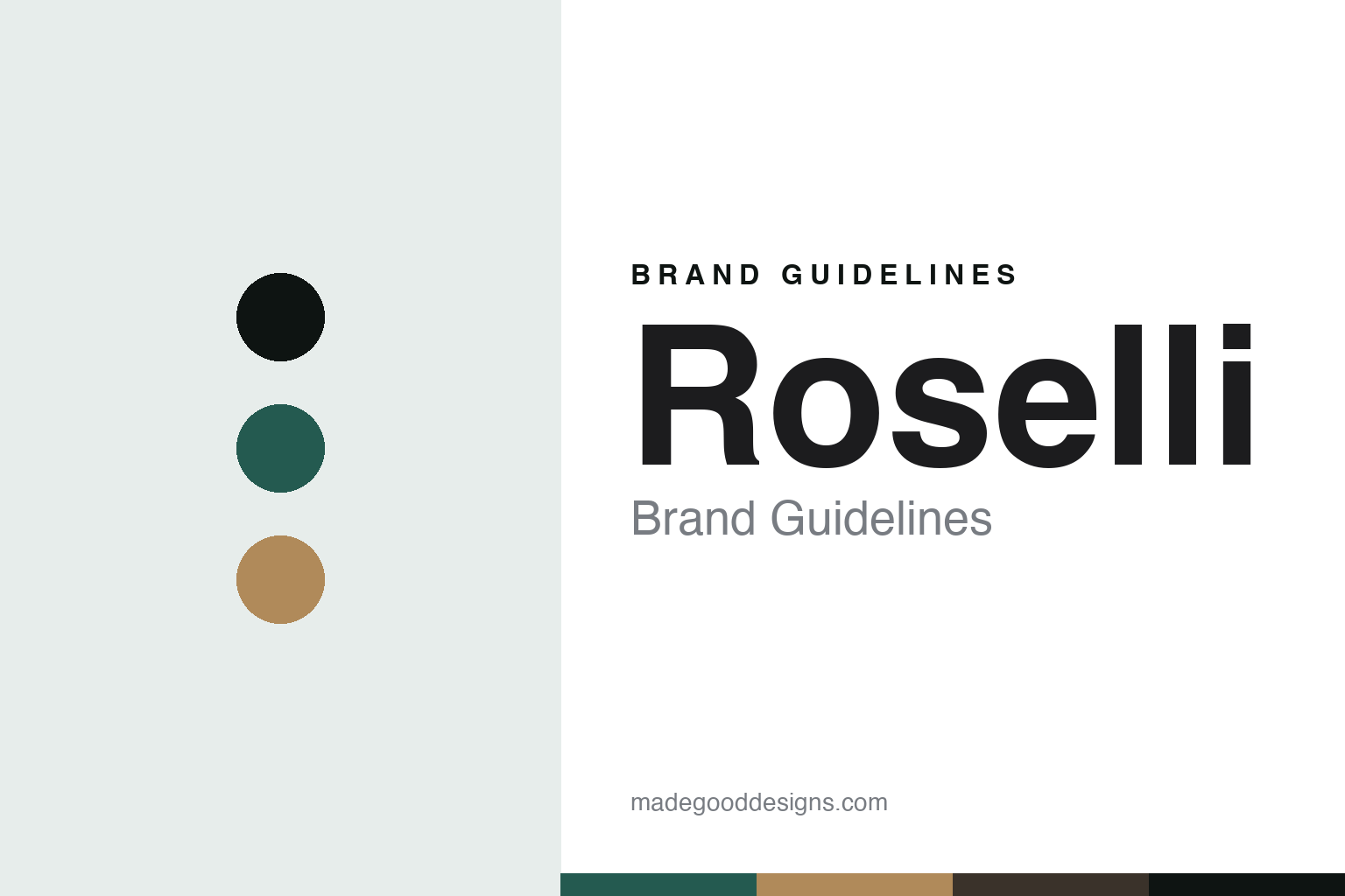 Abstract pine-teal and copper cover for a Roselli brand guidelines design article (colour discs, not a knife)