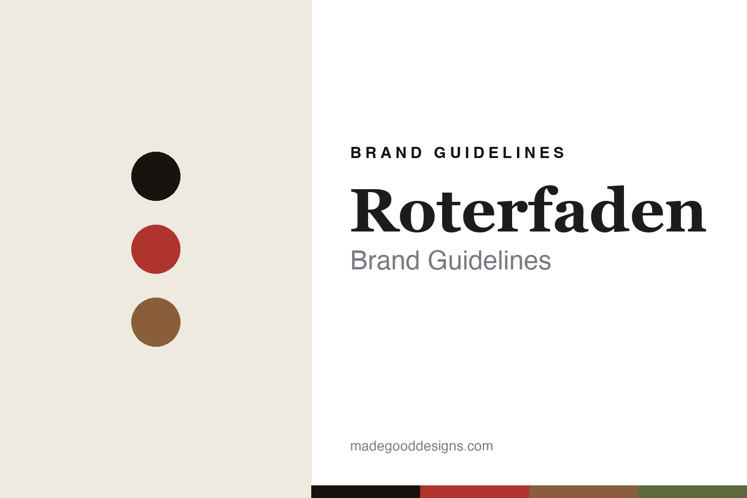 Roterfaden brand guidelines cover — red-and-leather palette with abstract colour-disc homage (not the Roterfaden organizer)