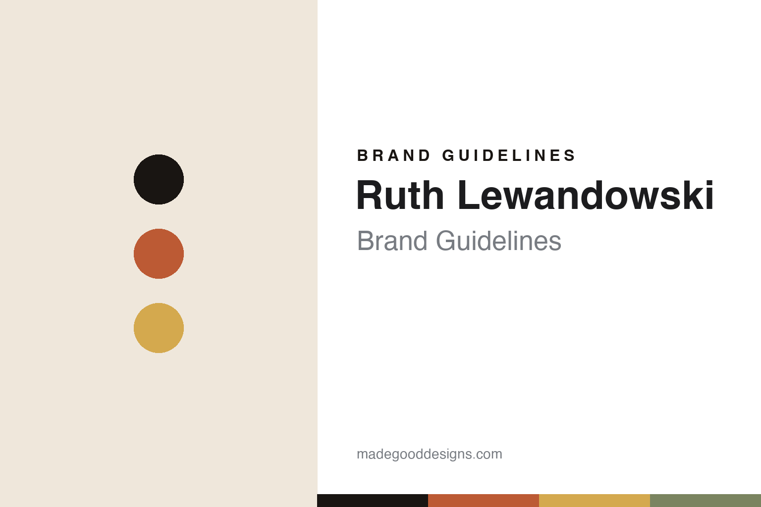 Ruth Lewandowski brand guidelines — abstract colour-disc homage cover in red rock and wheat