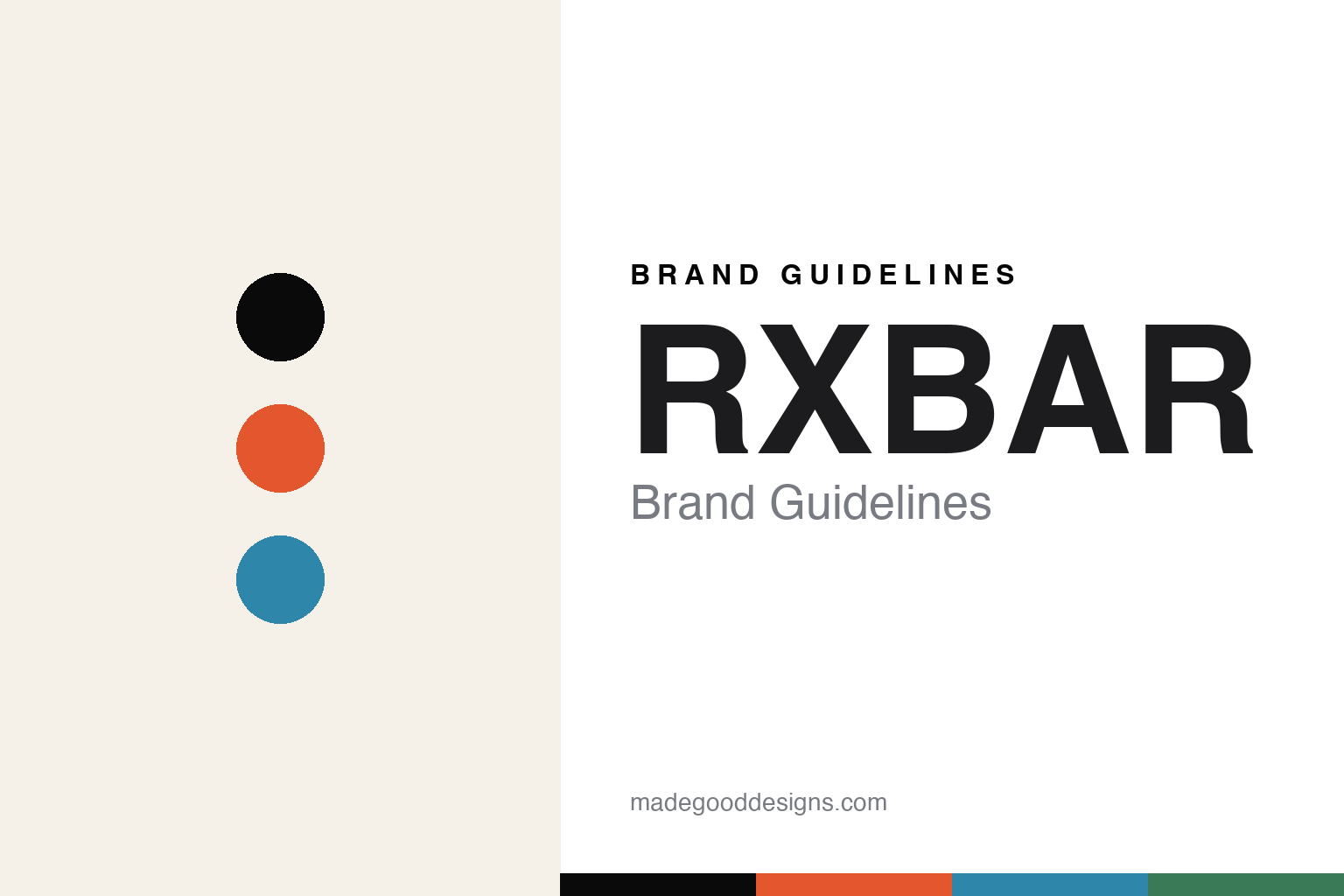 Abstract homage to RXBAR: bold minimalist black-and-accent discs and swatches (not an RXBAR logo)