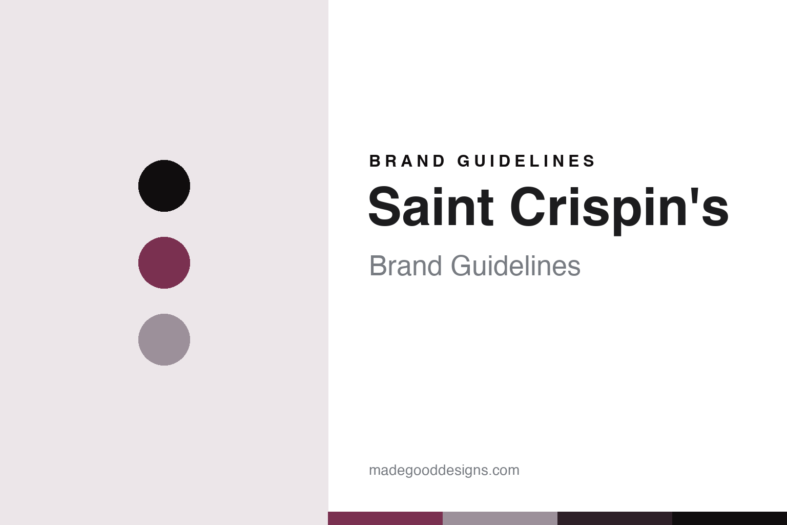 Abstract brand-guidelines cover for Saint Crispin's — craft-plum colour discs and leather-texture swatches (original homage; not a Saint Crispin's shoe, last or logo).