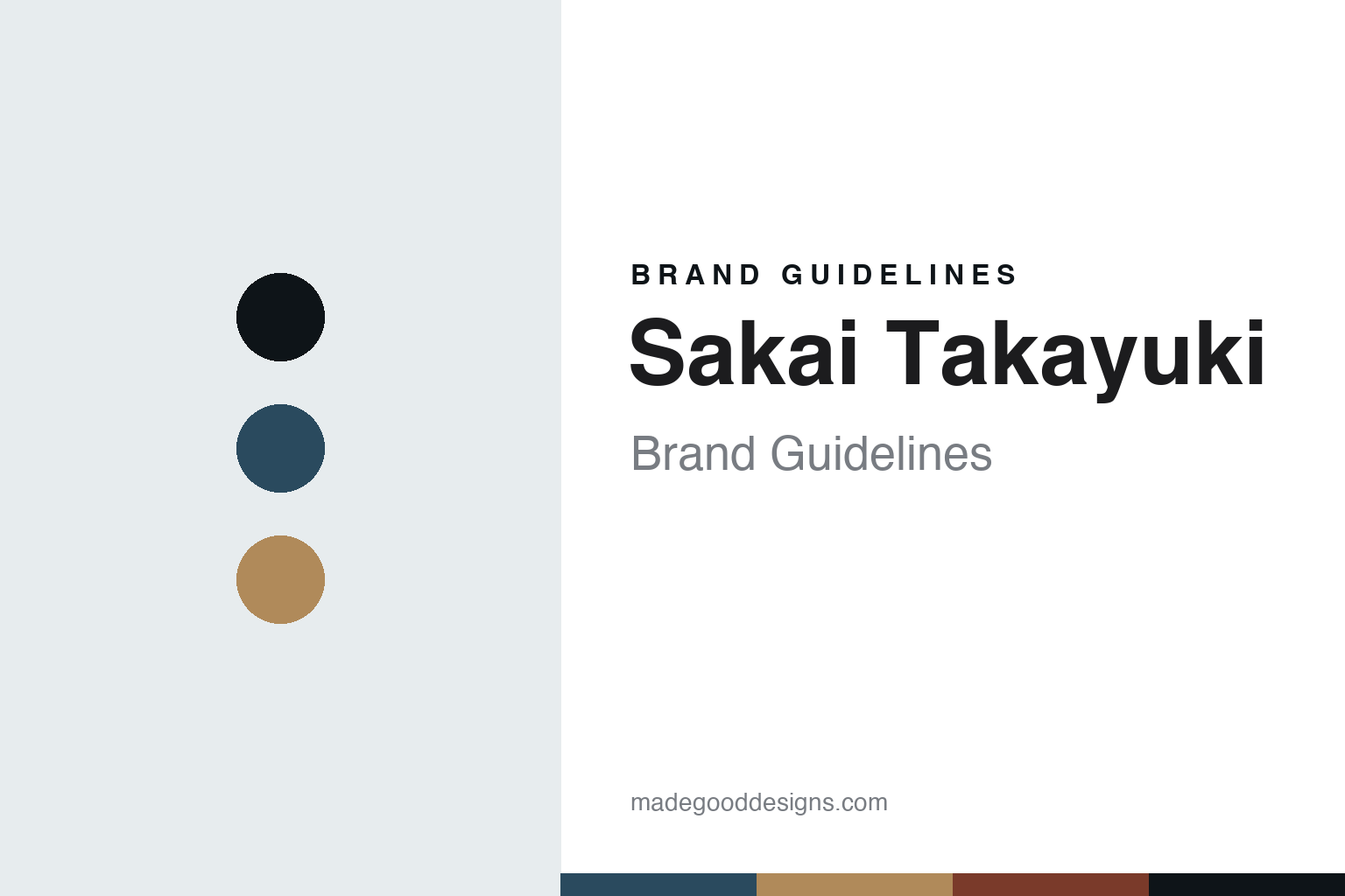 Abstract steel-blue and copper cover for a Sakai Takayuki brand guidelines design article (colour discs, not a knife)