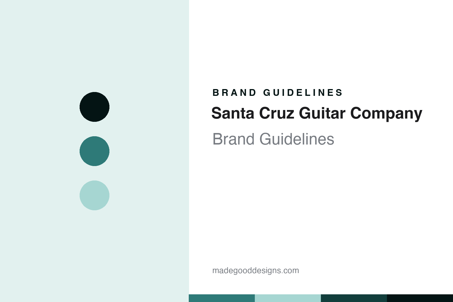 Santa Cruz Guitar Company brand guidelines cover, abstract colour discs and soundboard-grain texture in Pacific teal