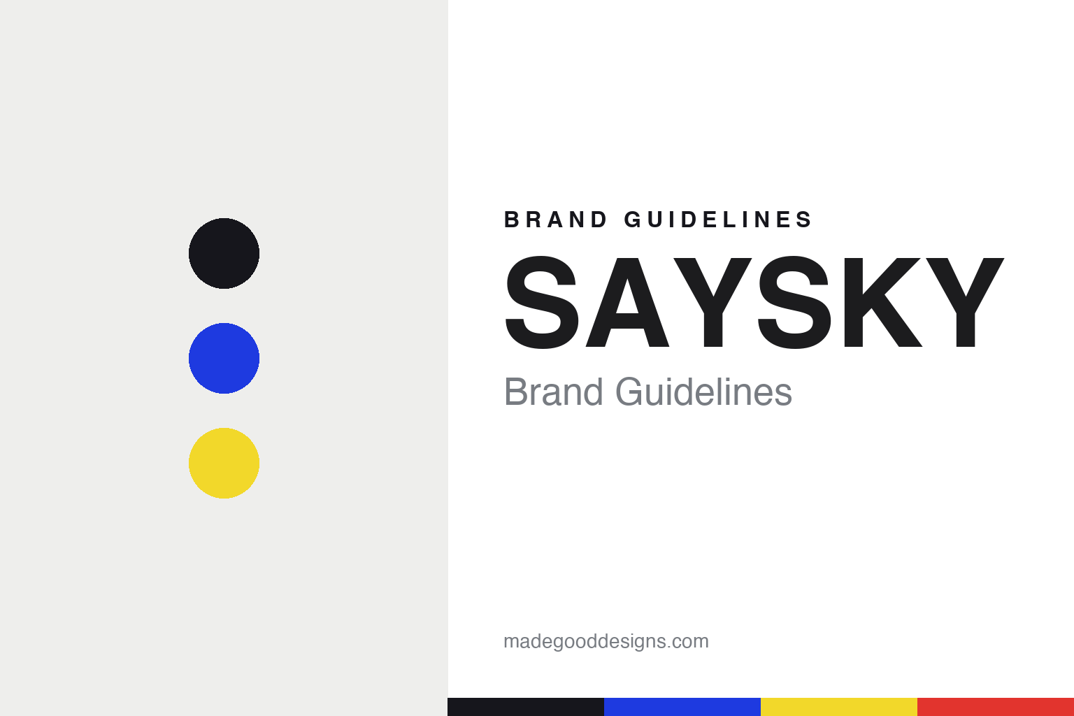 SAYSKY brand guidelines cover — abstract bold graphic colour discs (black, electric blue, yellow), not the SAYSKY logo