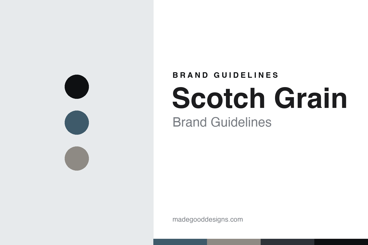 Abstract brand-guidelines cover for Scotch Grain — slate-blue colour discs and leather-texture swatches (original homage; not a Scotch Grain shoe, last or logo).