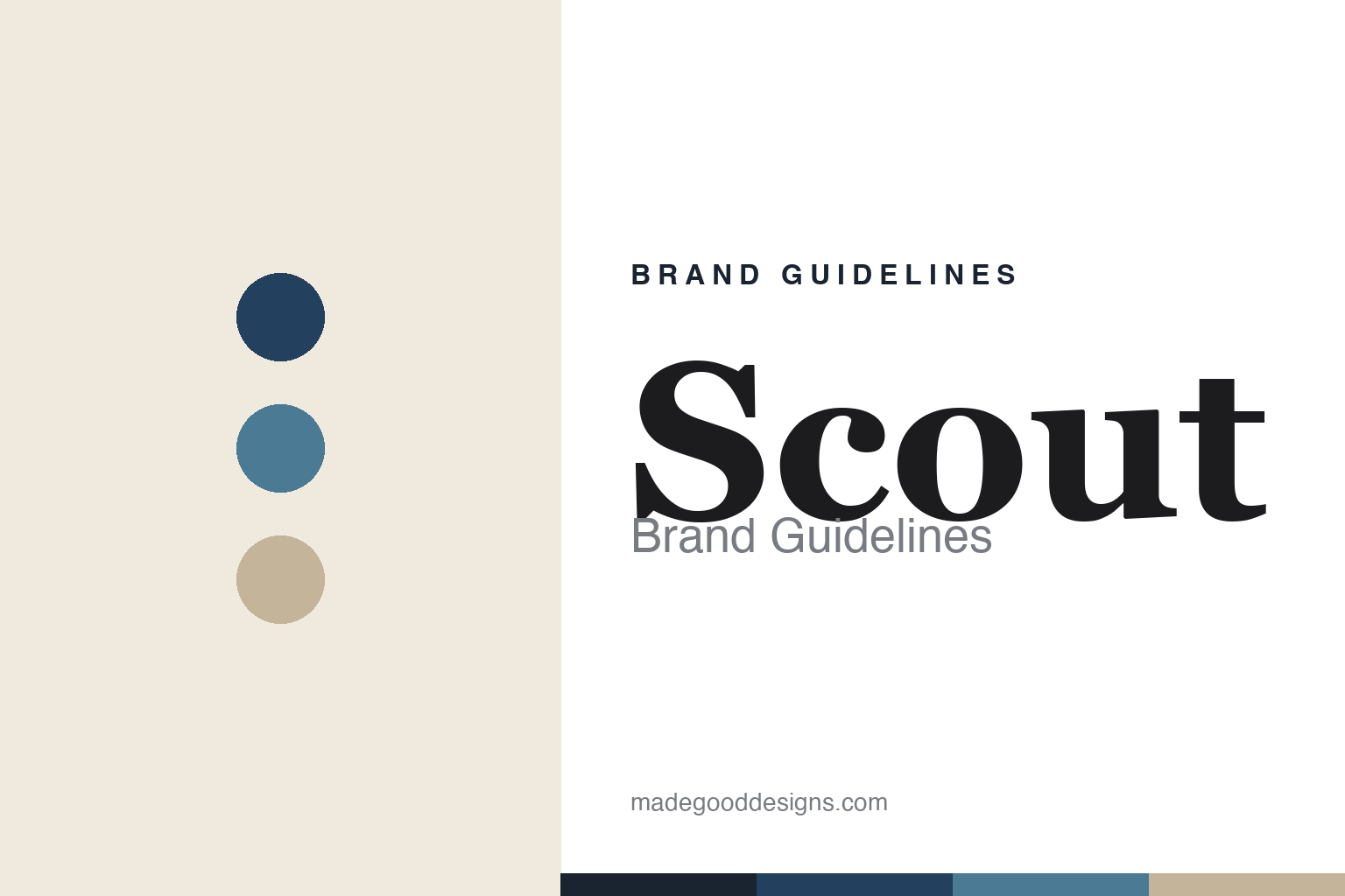 Scout brand guidelines cover — coastal navy, sea-blue and sand discs (abstract homage)