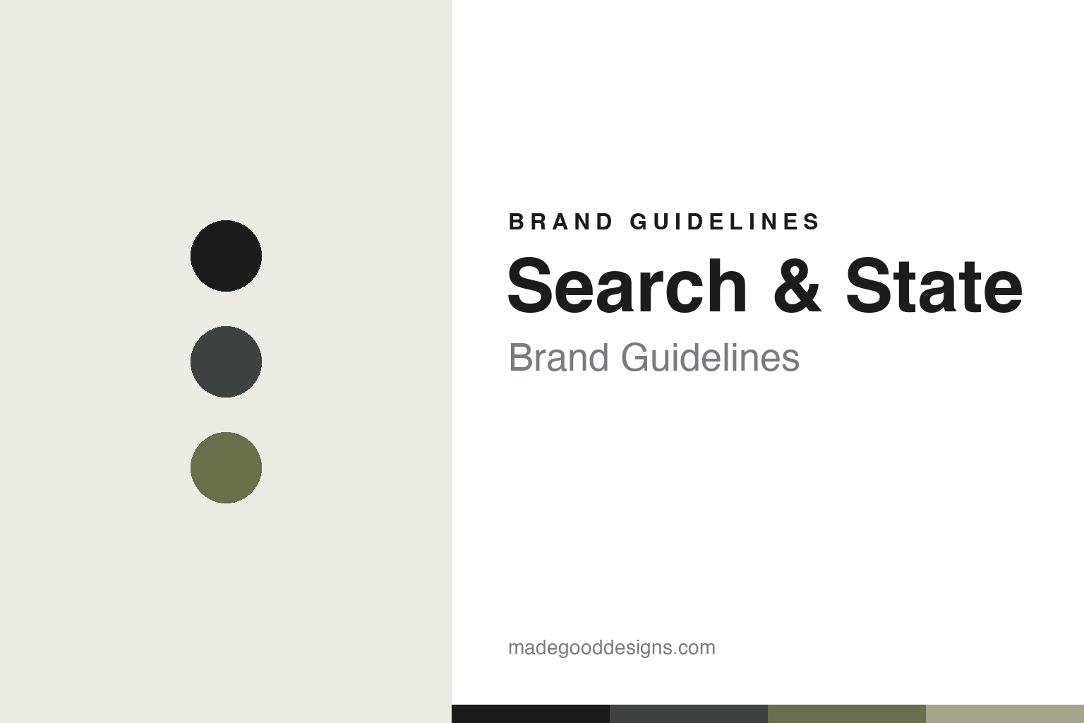 Search and State brand guidelines cover — abstract muted utilitarian colour-disc homage (not the Search and State logo)